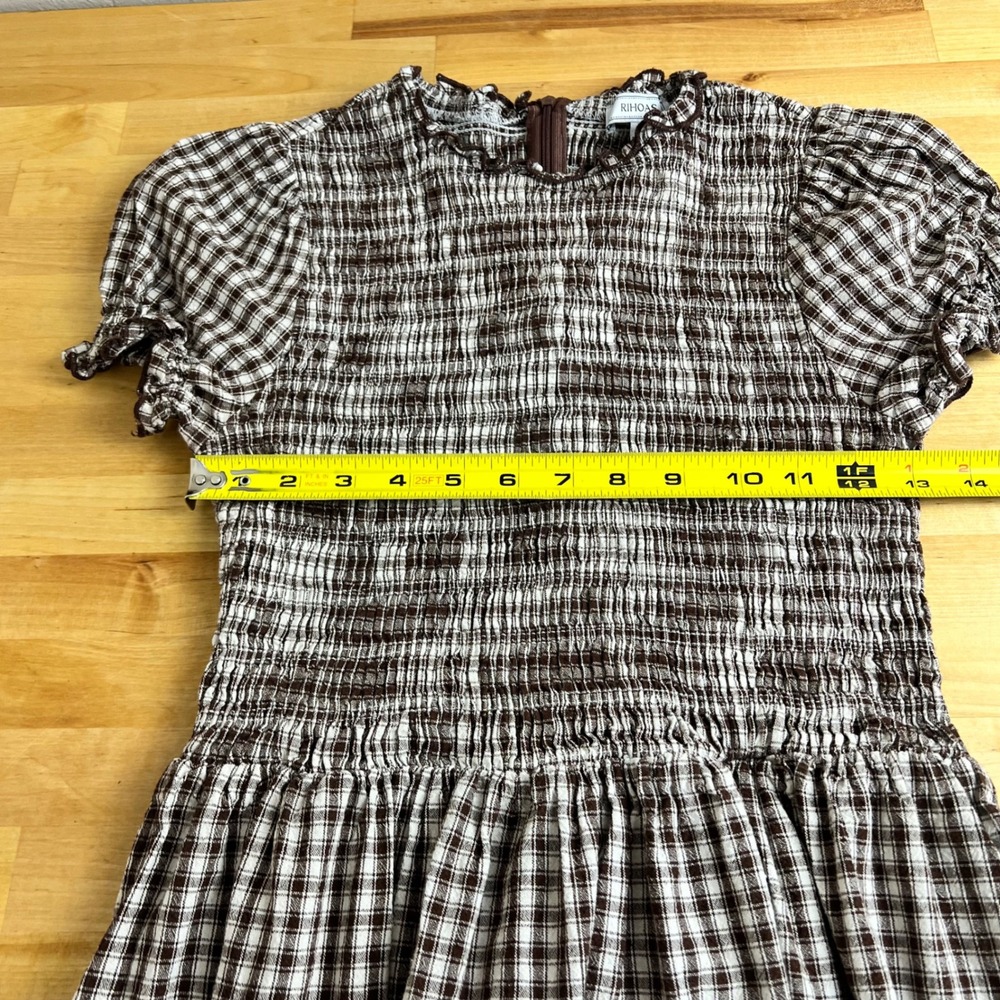 RIHOAS Brown Gingham Smocked Mini Dress Cotton Puff Sleeve Cottagecore Medium - Picture 8 of 9